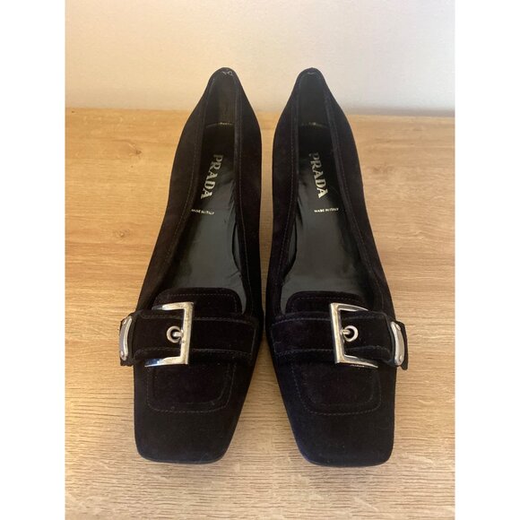 Prada Black Suede Kitten Heels With Buckle Detail Size 37 Made In Italy - Picture 1 of 8